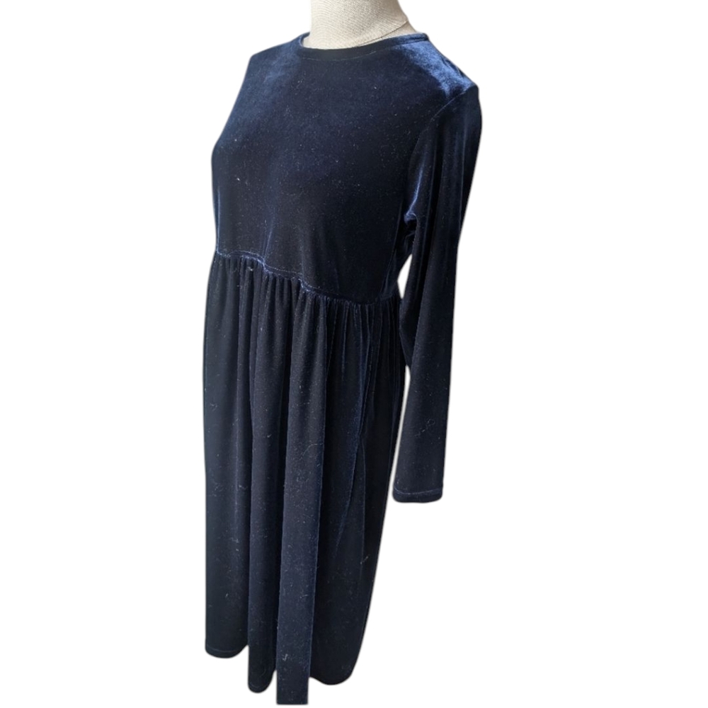 Vtg Navy Velvet Dress 14 Zip Long Sleeve